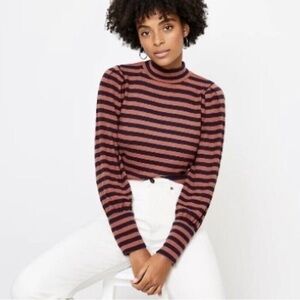 LOFT Rust Navy Stripe Mock Neck Long Sleeve Knit Top Small